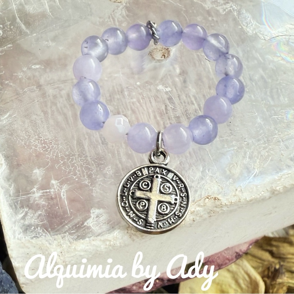 Silver Saint Benedict beaded gem ring purple jade